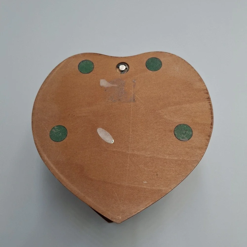 Vintage Jewelry Box Wood Heart Shaped Two Tier Swivel Glass Etched Floral Top